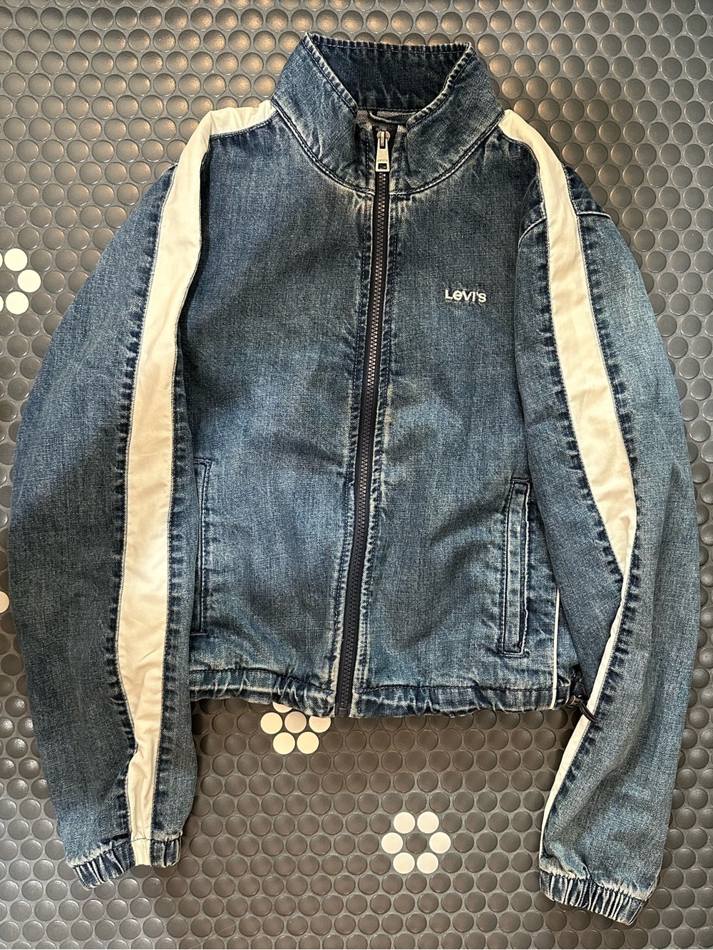 Levi's Blue Denim Zip-Up Jacket with Cream Sleeve Stripes